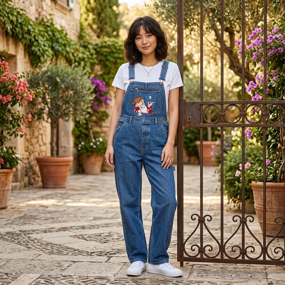 Vintage 90s Disney Grumpy Denim Overalls Womens Small Embroidered Snow White